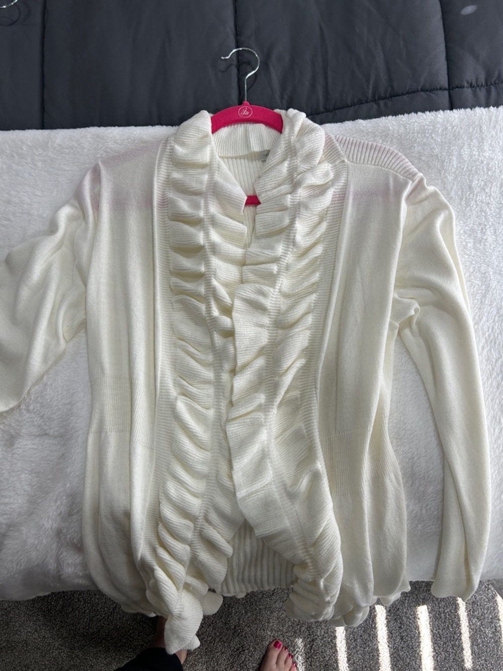 New York & Company Cream Ruffled Open-Front Cardigan